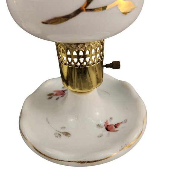 Vintage White Milk Glass Table Lamps With Pink Rose Floral Design & Brass Accent - Picture 13 of 16